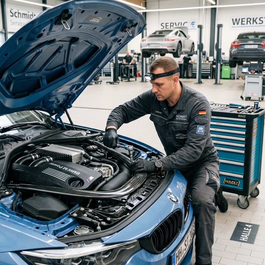 Mechaniker arbeitet konzentriert an einem Motorblock in der Werkstatt von KFZ Shirzadi in Bielefeld