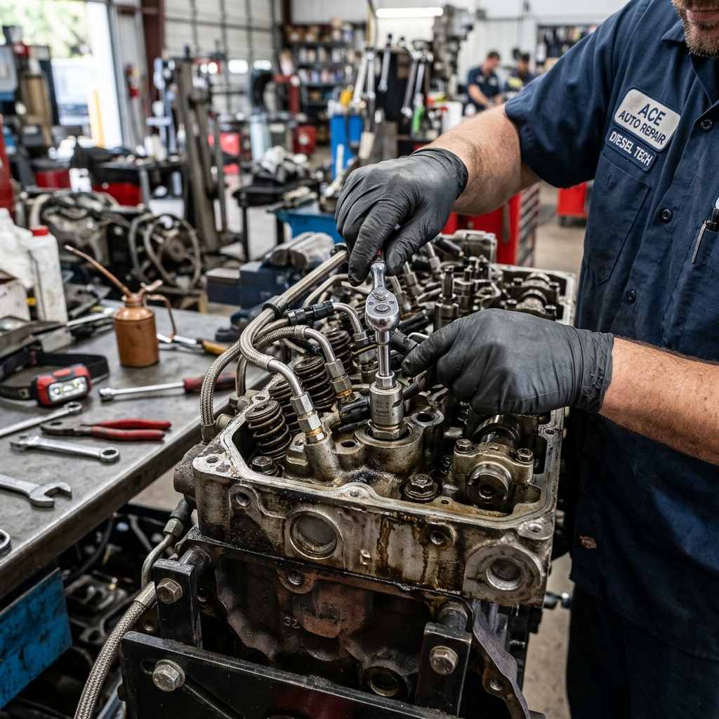 Detailansicht eines Dieselmotors mit Injektoren – Schwerpunkt der Werkstatt KFZ Shirzadi